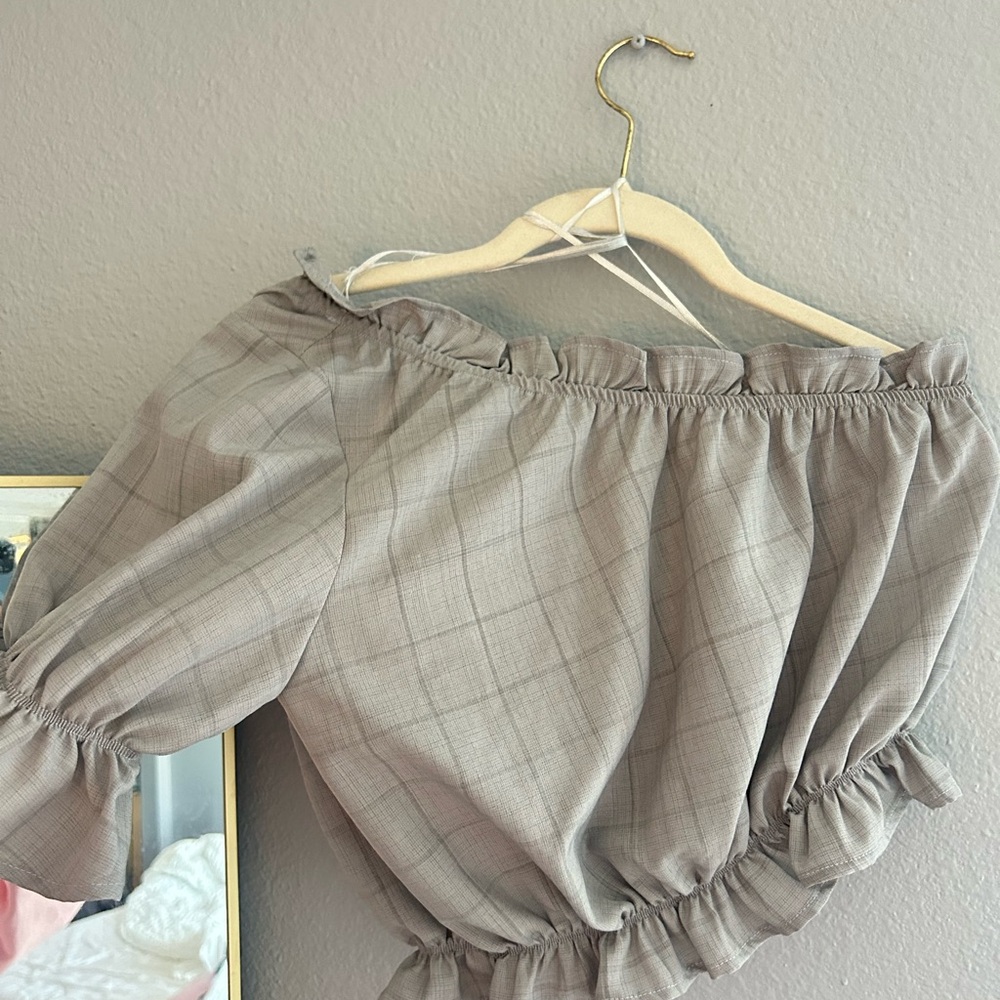 Plaid Off-Shoulder Blouse - Brown